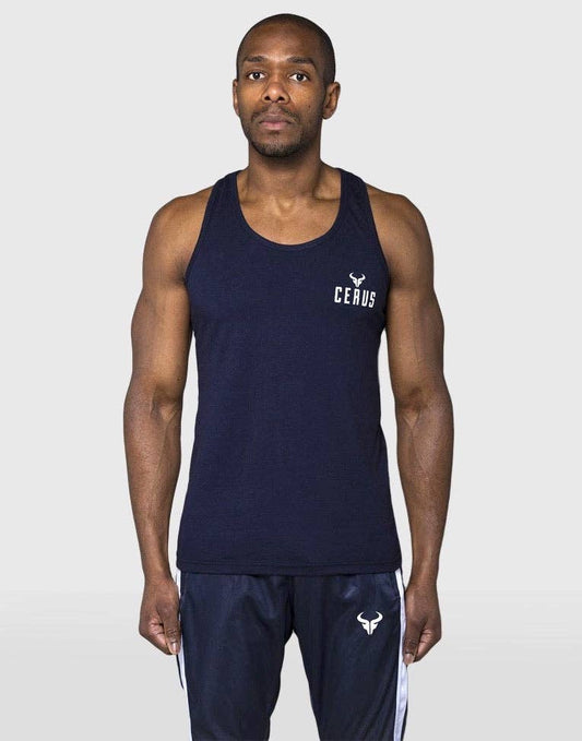 Cerus Navy Stringer Vest with White small print logo: M