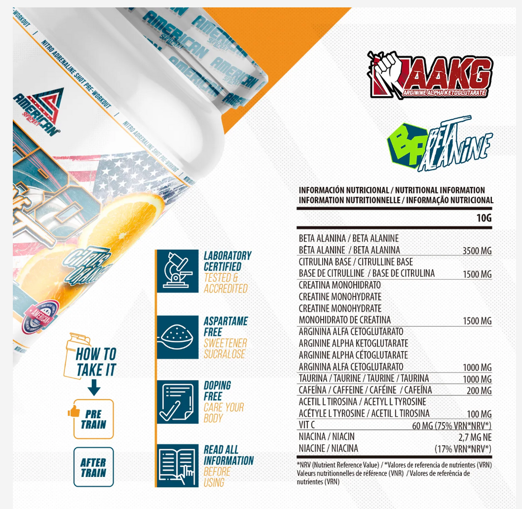 American Supplement Nitro Adrenaline Shot pred tréningom 300 g: Pomaranč