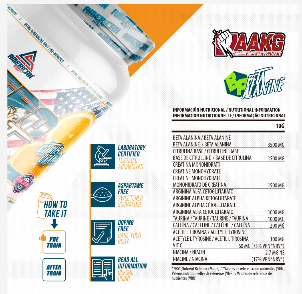 American Supplement Nitro Adrenaline Shot pred tréningom 300 g: Pomaranč