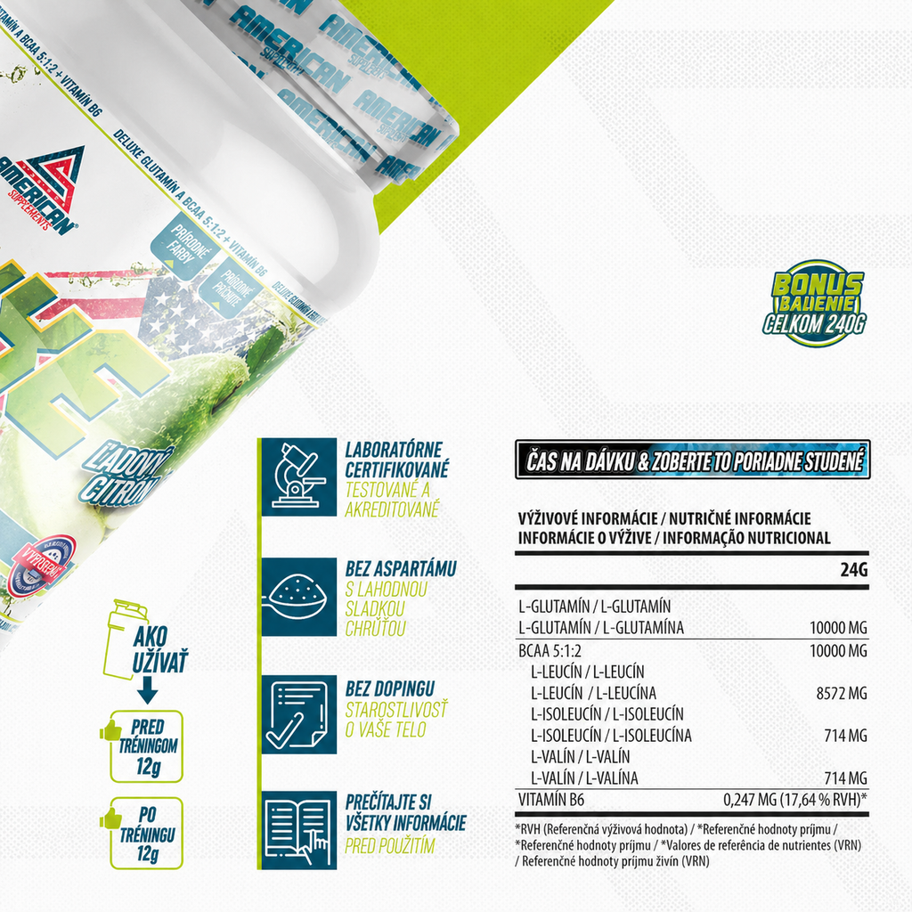 American Supplement Bcaa s Deluxe Glutamínom 300 g: Jablko