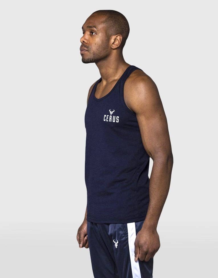 Cerus Navy Stringer Vest with White small print logo: M