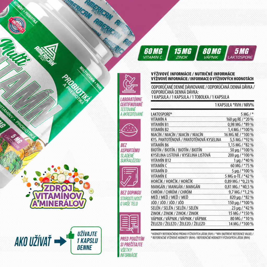 American Supplement Multivitamínové kombo s probiotikami 60 kapsúl